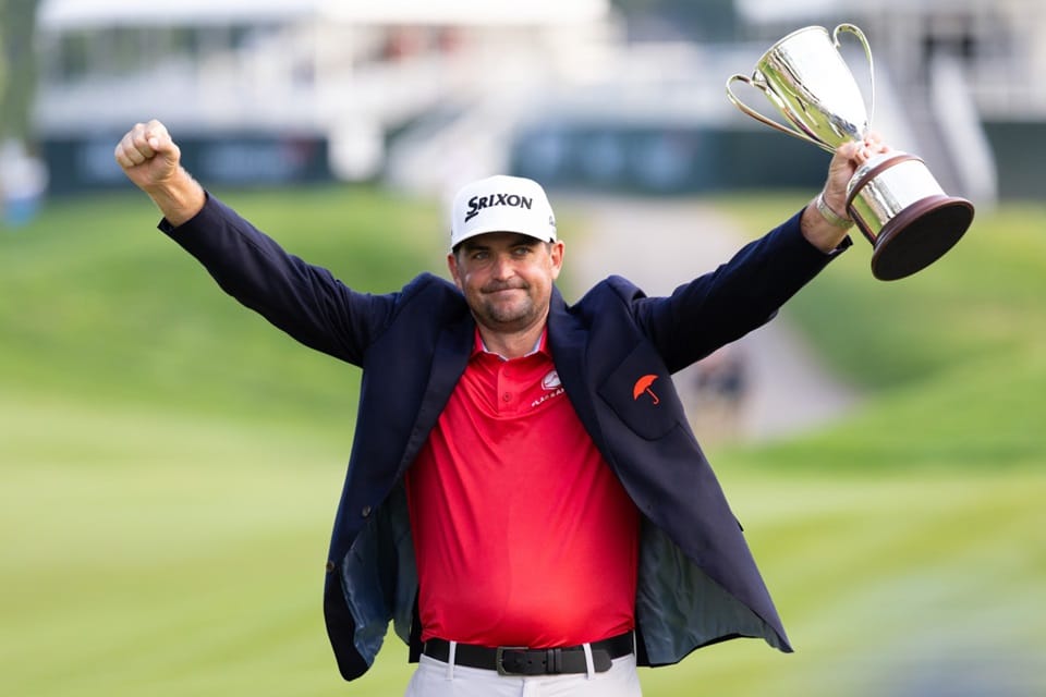 Keegan Bradley celebrates his 2025 Travelers Championship win at TPC River Highlands