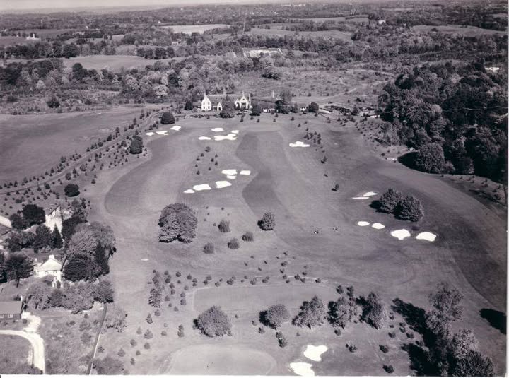 Aerial view of Aronimink Golf Club, October 1939 — holes 9, 10, and 18 with the clubhouse